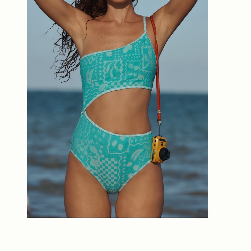 NWT Anthropologie Beach Riot Turquoise One-Shoulder Cutout Swimsuit M